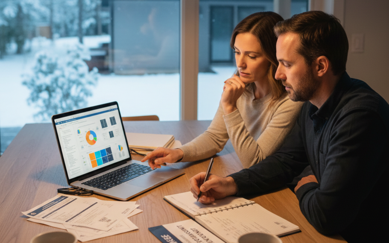Homeowners reviewing energy-efficient home upgrade plans and invoices on a laptop to claim the $3,200 energy tax credit before December 31