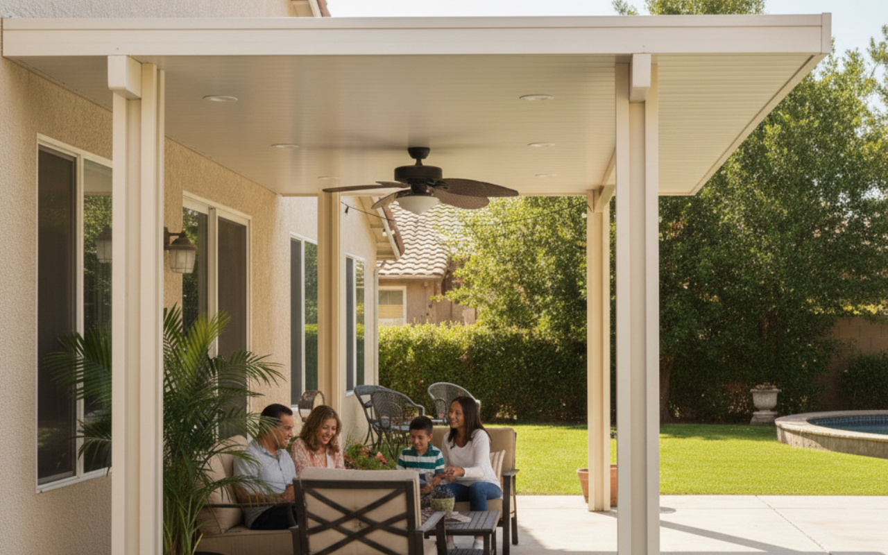Family enjoying a comfortable outdoor patio under an insulated vs aluminum patio cover in Orange County