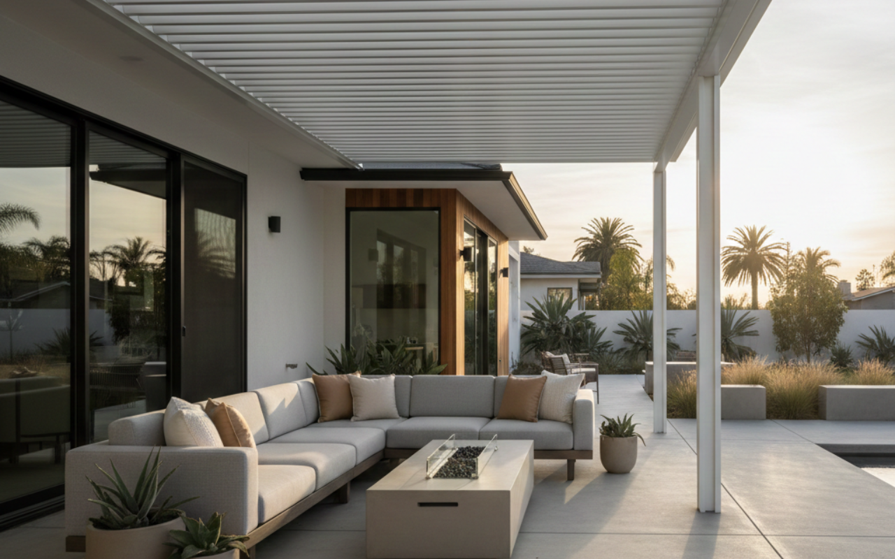 Orange County patio cover installation in December featuring a modern aluminum patio with soft winter light