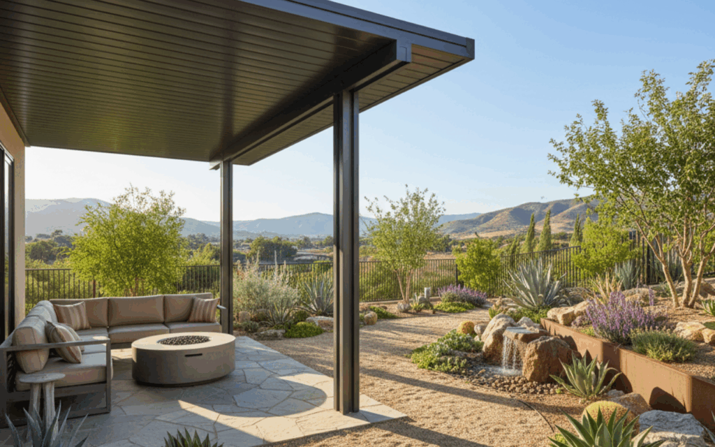 Orange County backyard with modern patio cover over drought-tolerant landscaping featuring succulents, gravel, and native plants