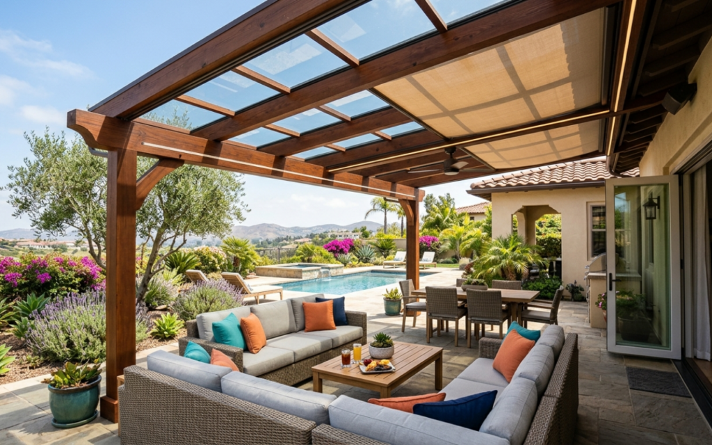 Stylish and durable patio covers providing shade in an Orange County backyard outdoor living space