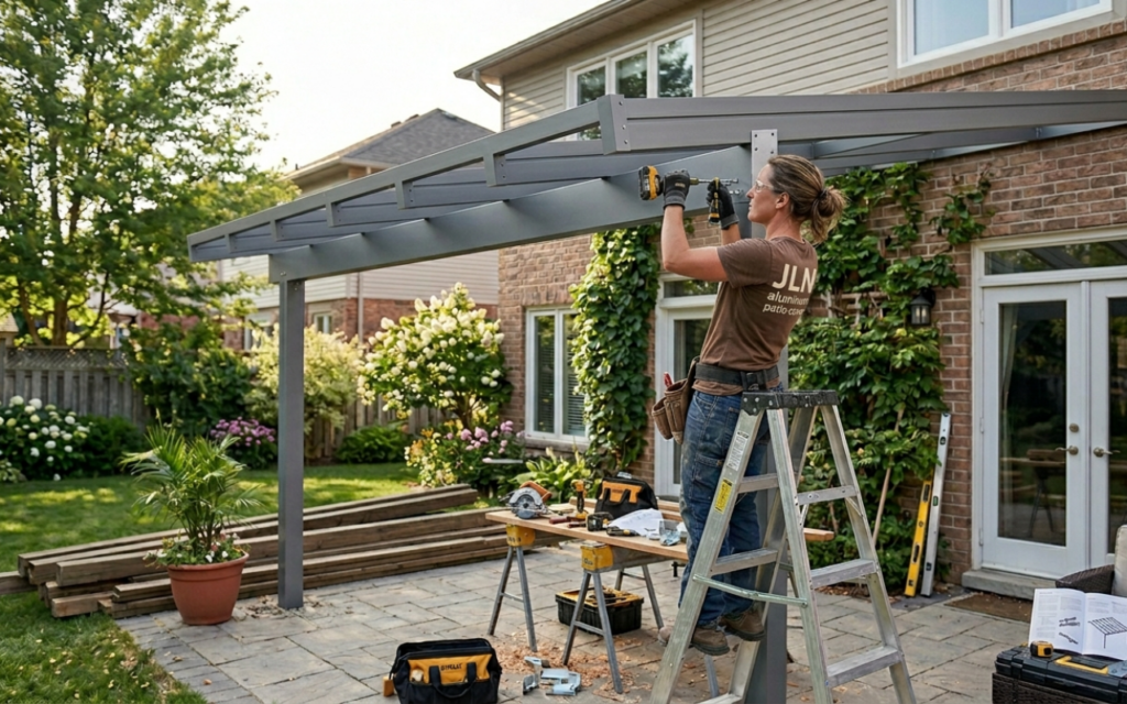 Contractor building an aluminum patio cover in Orange County California outdoor backyard installation process