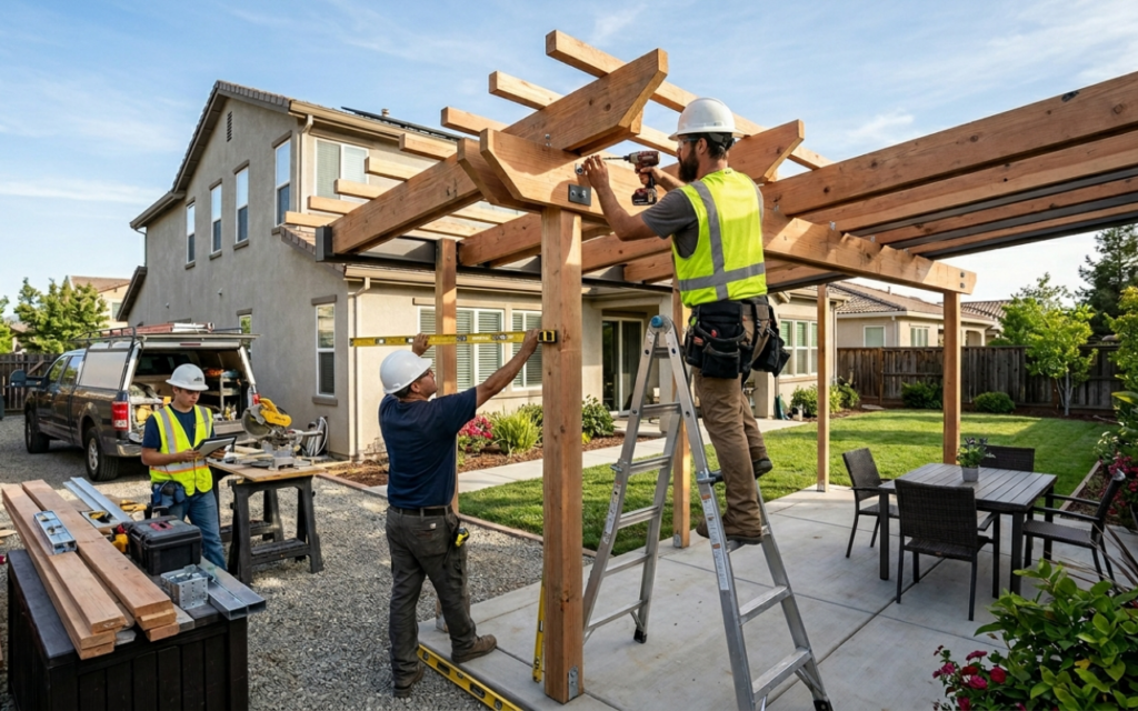 JLN Patio Covers contractors installing a custom patio cover with precision and professional outdoor construction expertise.